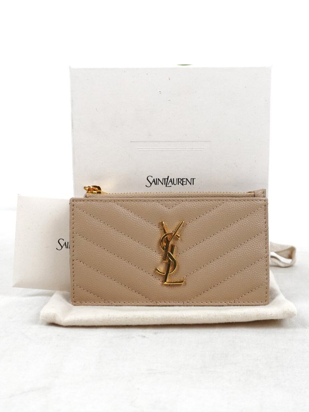 Saint Laurent Cassandre Matelasse Fragments Card Case Wallet In Dark Beige - NWT